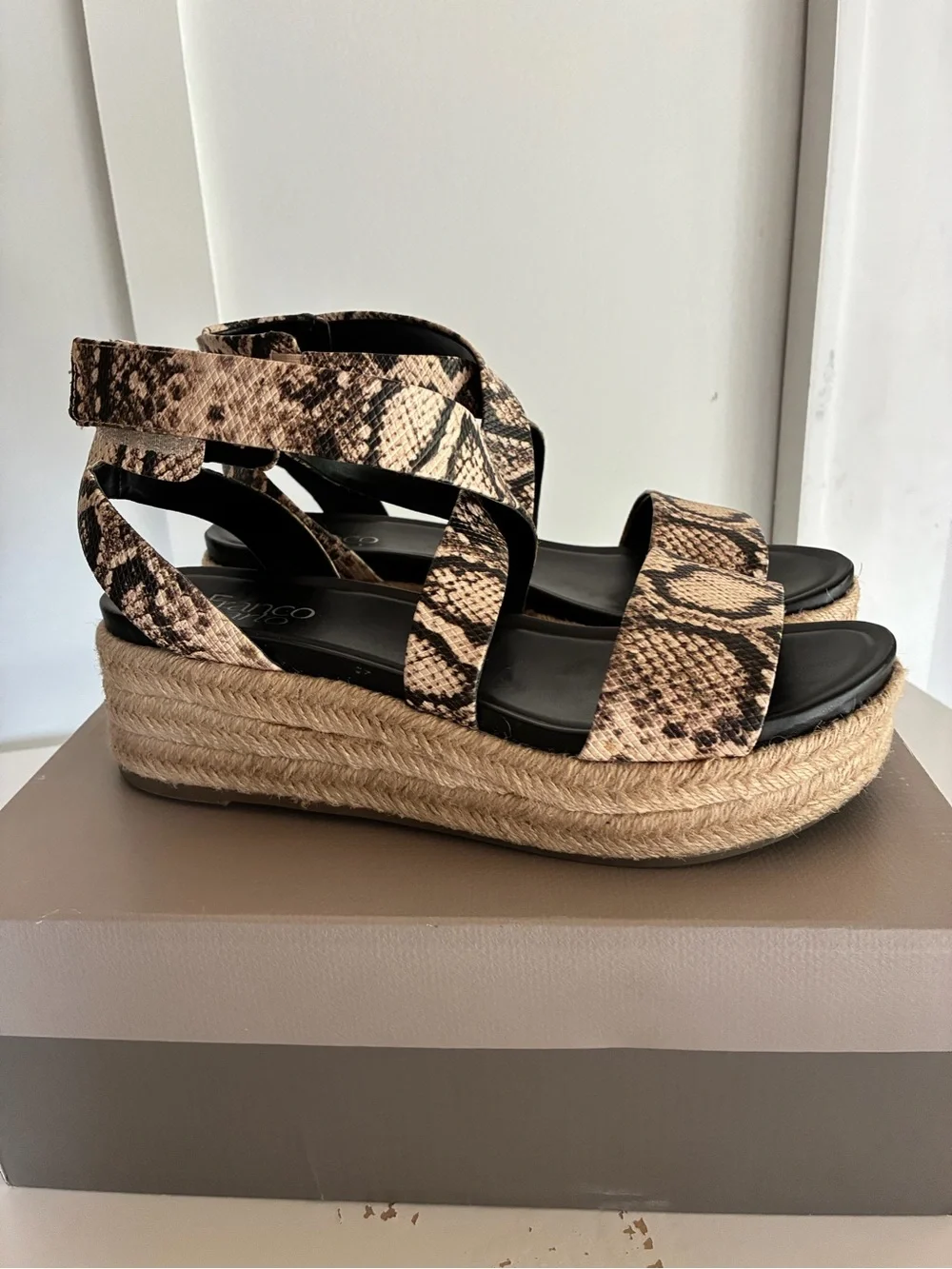 Franco Sarto Snake-Print Espadrille Wedge Sandals in Beige and Black
